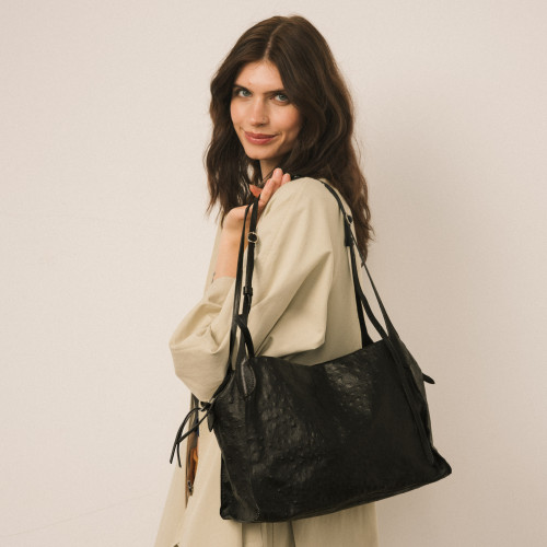 Tamara Bag L, black ostrich pattern | Balagan Studio